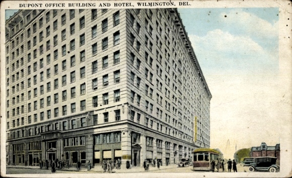 Ansichtkaart Wilmington Delaware USA, Dupont kantoorgebouw, hotel