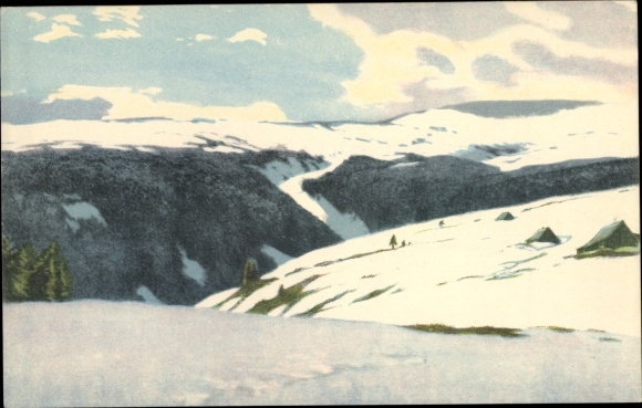 Artist Postcard Iwan, Friedrich, Pec pod Sněžkou Petzer Riesengebirge, Richterbaude, Winter