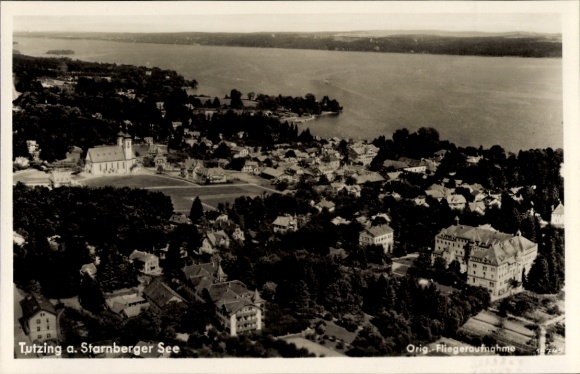 Postcard Tutzing on Lake Starnberg Upper Bavaria, aerial view of Tutzing, Lake Starnberg, church, houses