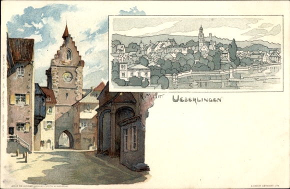 Artist Chromo-Litho Mutter, K., Überlingen am Bodensee, clock tower and gate, street, general view