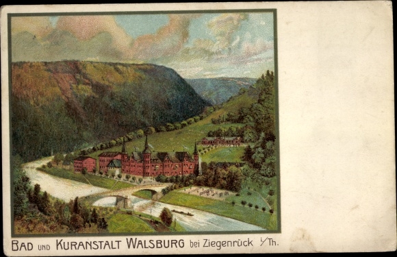 Postcard Walsburg Eßbach Thuringia, sanatorium, river, bridge, forest
