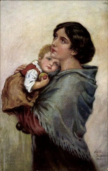Artist Postcard Scheuermann, Willy, Fatherless, Woman with Child