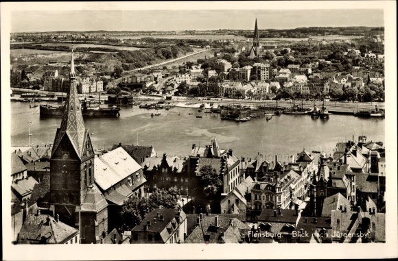 Postcard Flensburg in Schleswig Holstein, panorama, Jürgensby, church