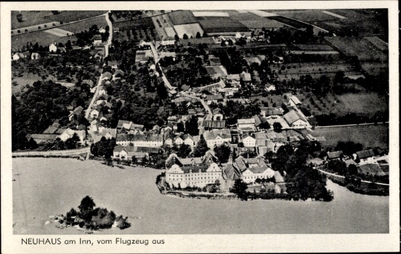 Postcard Neuhaus am Inn Lower Bavaria, aerial view of river, buildings, landscape