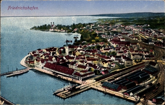 Ak Friedrichshafen am Bodensee, Luftaufnahme von  Bodensee, Hafen, Schiffe