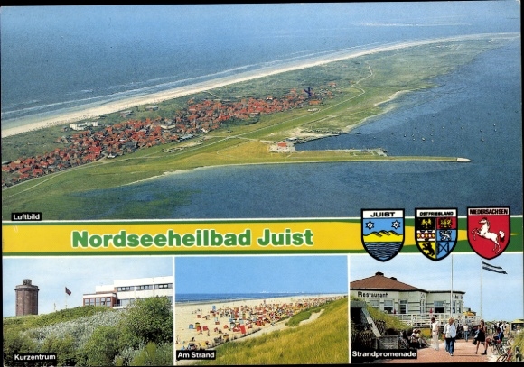 Postcard Nordseebad Juist in East Frisia, aerial view, panorama, beach promenade, spa center, on the beach