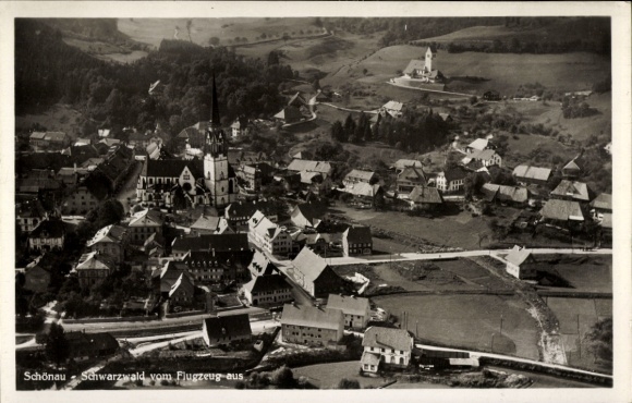 Postcard Schönau im Schwarzwald, aerial view of the Black Forest, church, landscape, houses
