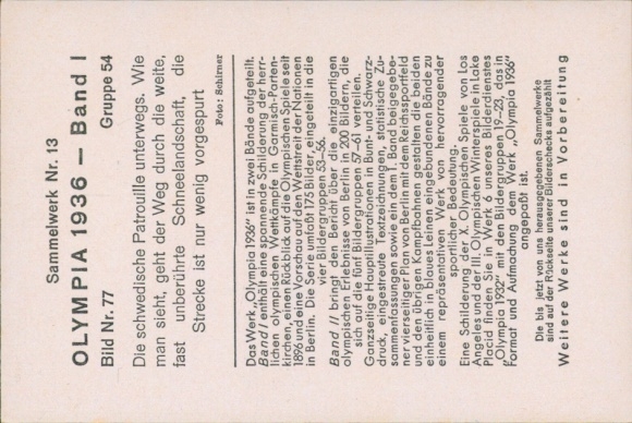 Collector's card Olympics 1936, Swedish Ski Patrol, Garmisch Partenkirchen