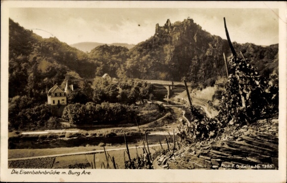Postcard Altenahr in the Ahr Valley, railway bridge, Are castle ruins