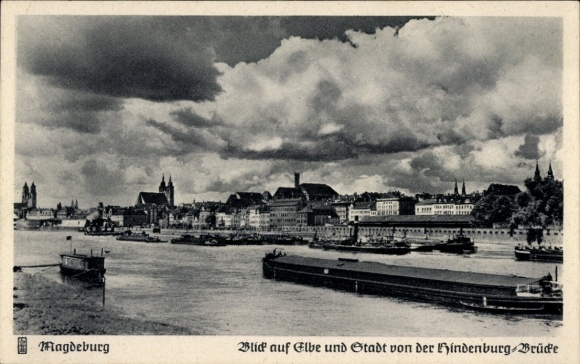 Postcard Magdeburg on the Elbe, partial view, steamer, view from the Hindenburg Bridge
