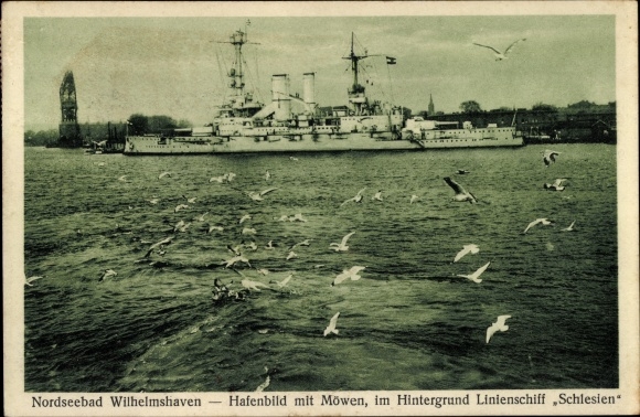 PC Wilhelmshaven on the North Sea, German warship, Silesia, battleship, seagulls