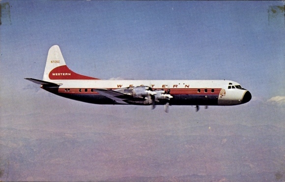 Postcard Western Airlines, Electra, N7135C, passenger aircraft