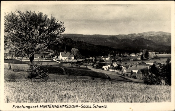 Postcard Hinterhermsdorf Sebnitz, view of the village, church, fields