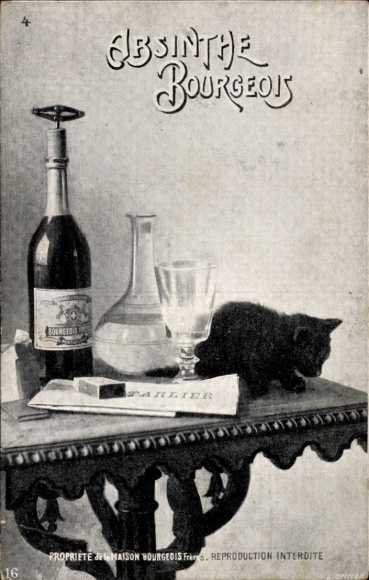 Ak Absinthe Bourgeois, tafel, fles, zwarte kat