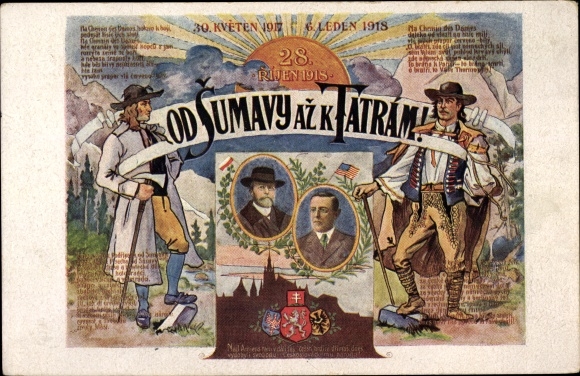 Ak Od Sumavy az k Tatram, Masaryk, W. Wilson, 28 Rijen 1918, Tschechiche u. Slowakische Tracht