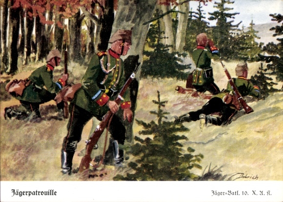 Artist Postcard Döbrich Steglitz, Jäger Batl. 10. XAK, Jägerpatrouille