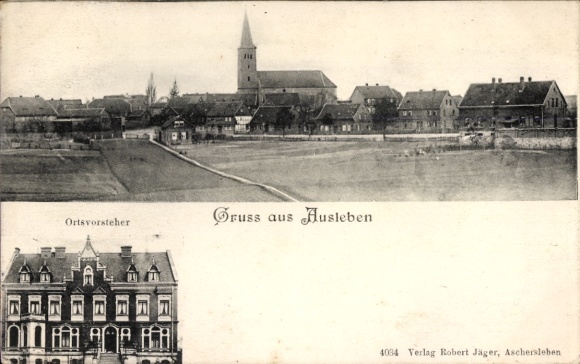 Postcard Ausleben in Saxony Anhalt, total view, mayor