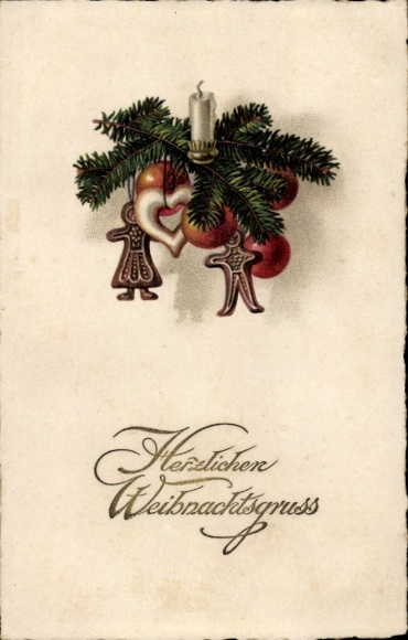 Postcard Congratulations Christmas, fir branches, candle, fruits