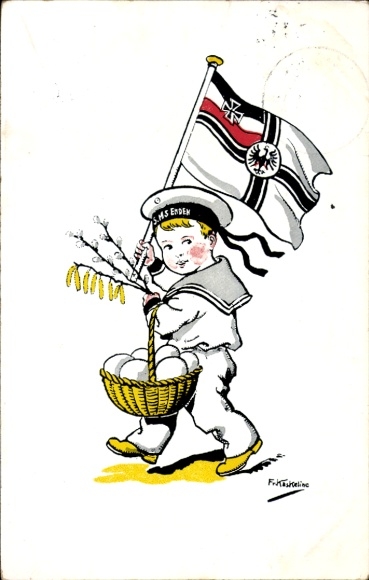 Artysta KP Kaskeline, F., Chłopiec w marynarskim stroju z flagą, Wielkanoc, Stowarzyszenie na rzecz dziecięcych jadłodajni