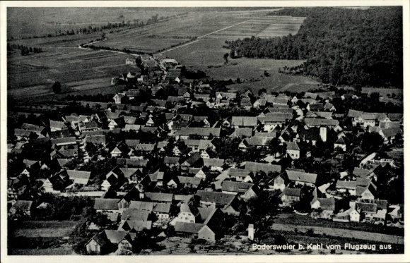 Postcard Bodersweier Kehl am Rhein, aerial view of many roof houses, rural landscape