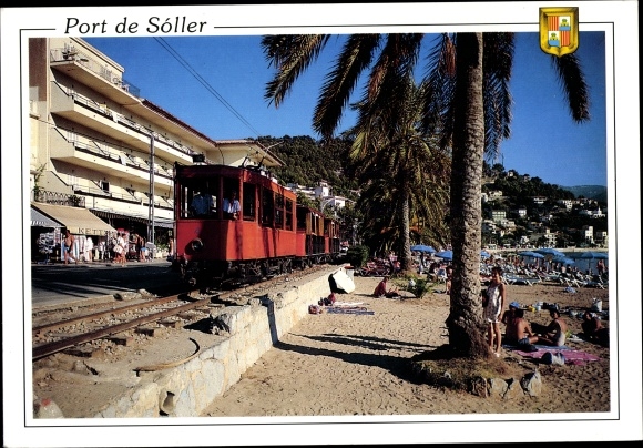 PC Puerto Soller Mallorca Balearic Islands, beach, red tram, coat of arms