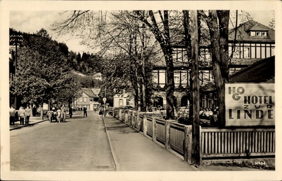 Ak Sitzendorf in Thüringen, Hotel zur Linde, Straße mit Bäumen,  Atmosphäre