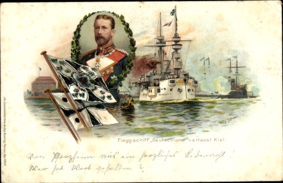 Kunstenaar litho Stöwer, Willy, Duits oorlogsschip, SMS Deutschland, Vlaggenschip, prins Heinrich
