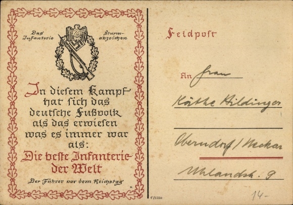 Ak Zitat Führer und Reichskanzler Adolf Hitler, Die beste Infanterie der Welt, Sturmabzeichen