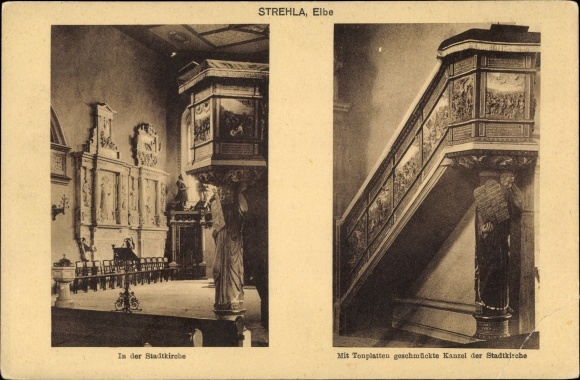 Postcard Strehla an der Elbe Sachsen, town church, interior view, pulpit