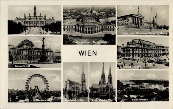 Postcard Vienna 1 Inner City, City Hall, University, Burgtheater, Schönbrunn, State Opera
