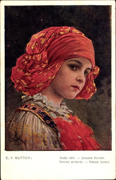 Artist PC Muttich, CV, portrait of a girl, traditional costume, red headscarf