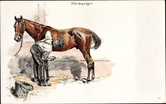 Artist PC Becker, Carl, Duitse soldaat die paarden schoonmaakt