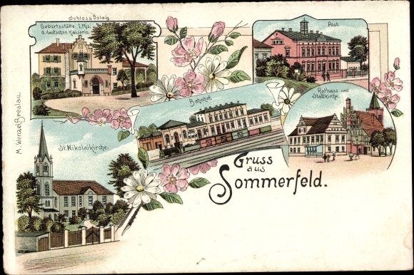 Chromo-Litho Sommerfeld Kremmen in Brandenburg, Dolzig Castle, post office, train station, town hall, town church