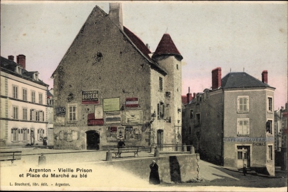 PC Argenton sur Creuse Indre, front shows old prison, market, billboards, architecture