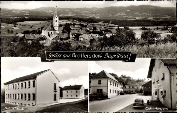 Postcard Grattersdorf in Niederbayern, panorama with church, school building, local street