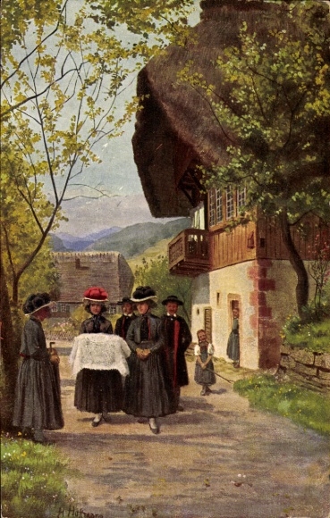 Kunstenaarskaart Hoffmann, H., kinderdoop, vrouwen in Zwarte Woud-kostuum, Berghaus