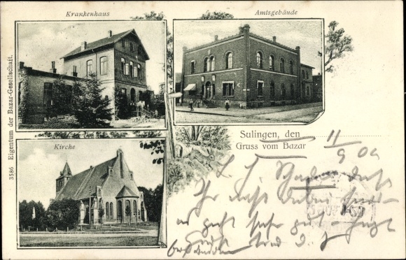 Postcard Sulingen in Lower Saxony, greetings from the bazaar, official building, hospital, church