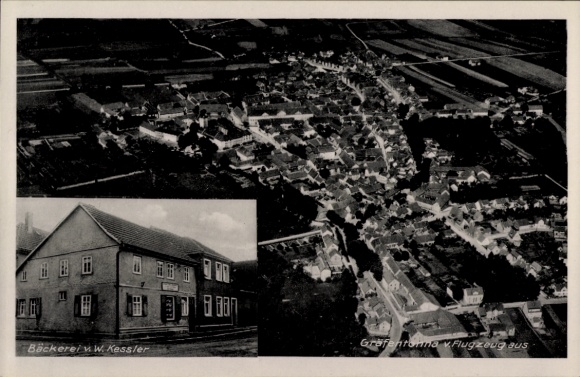 Postcard Gräfentonna Tonna in Thuringia, aerial photograph, bakery by W. Kessler