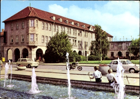 Postcard Prenzlau in the Uckermark, Hotel Uckermark, fountains, cars, people, architecture