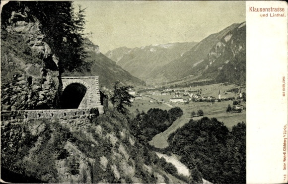 KP Linthal Glarus Kanton Glarus Szwajcaria, Klausenstrasse, tunel, panorama