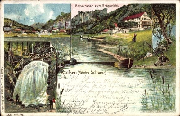 Litho Rathen an der Elbe Sächsische Schweiz, Restauration zum Erbgericht, Wasserfall
