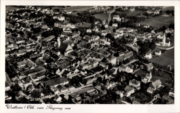 Postcard Weilheim Upper Bavaria, aerial photograph of Weilheim, cityscape, architecture, black and white