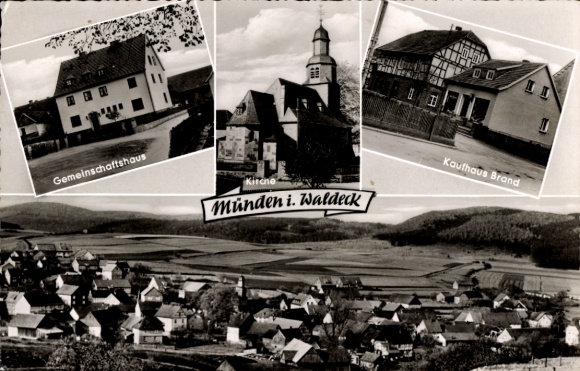 Postcard Münden Lichtenfels in Hessen, Panorama, Community Center, Church, Department Store Brand