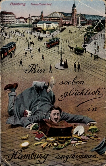 Postcard Hamburg, Hauptbahnhof, Reisender m. Mishap, Humor, Tram