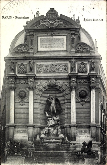 Ak Paris I Ile de la Cité, La Conciergerie, Fontaine Saint-Michel,  Statue, 1907