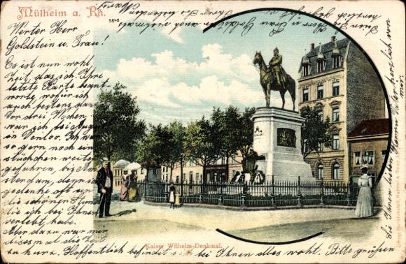 Postcard Mülheim an der Ruhr, equestrian statue, Wilhelm monument, people, trees