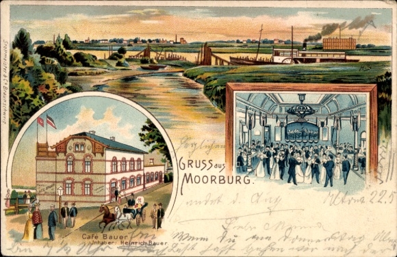 Chromo-Litho Hamburg Harburg Moorburg, general view, Café Bauer, dance hall