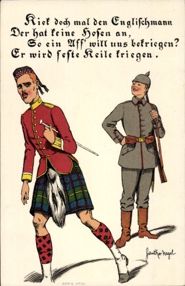 Artist Postcard Nagel, Günther, Scotsman in a skirt, will get wedges, German soldier