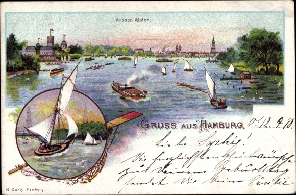 Chromo-Litho Hamburg North Uhlenhorst, Outer Alster, sailing boats