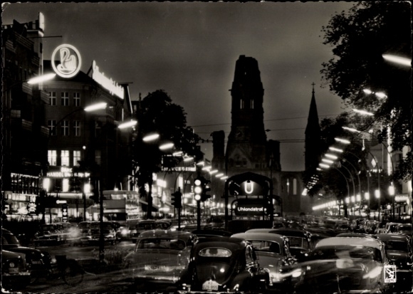 Postcard Berlin Charlottenburg, Kurfürstendamm, Memorial Church, night lighting, neon sign